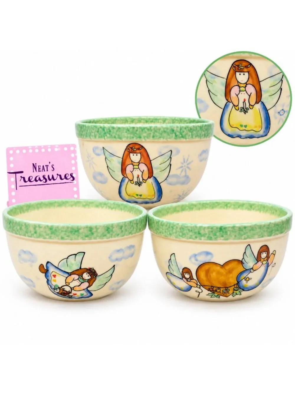 Vintage Vital Unit ANGELS GREEN SPONGE Clouds Stars Stoneware Nesting Bowl Set 3